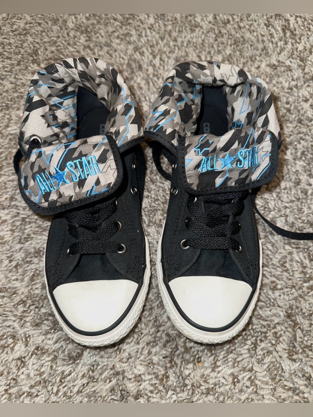 Converse Black High-Top Sneakers with Gray and Blue Camo Lining